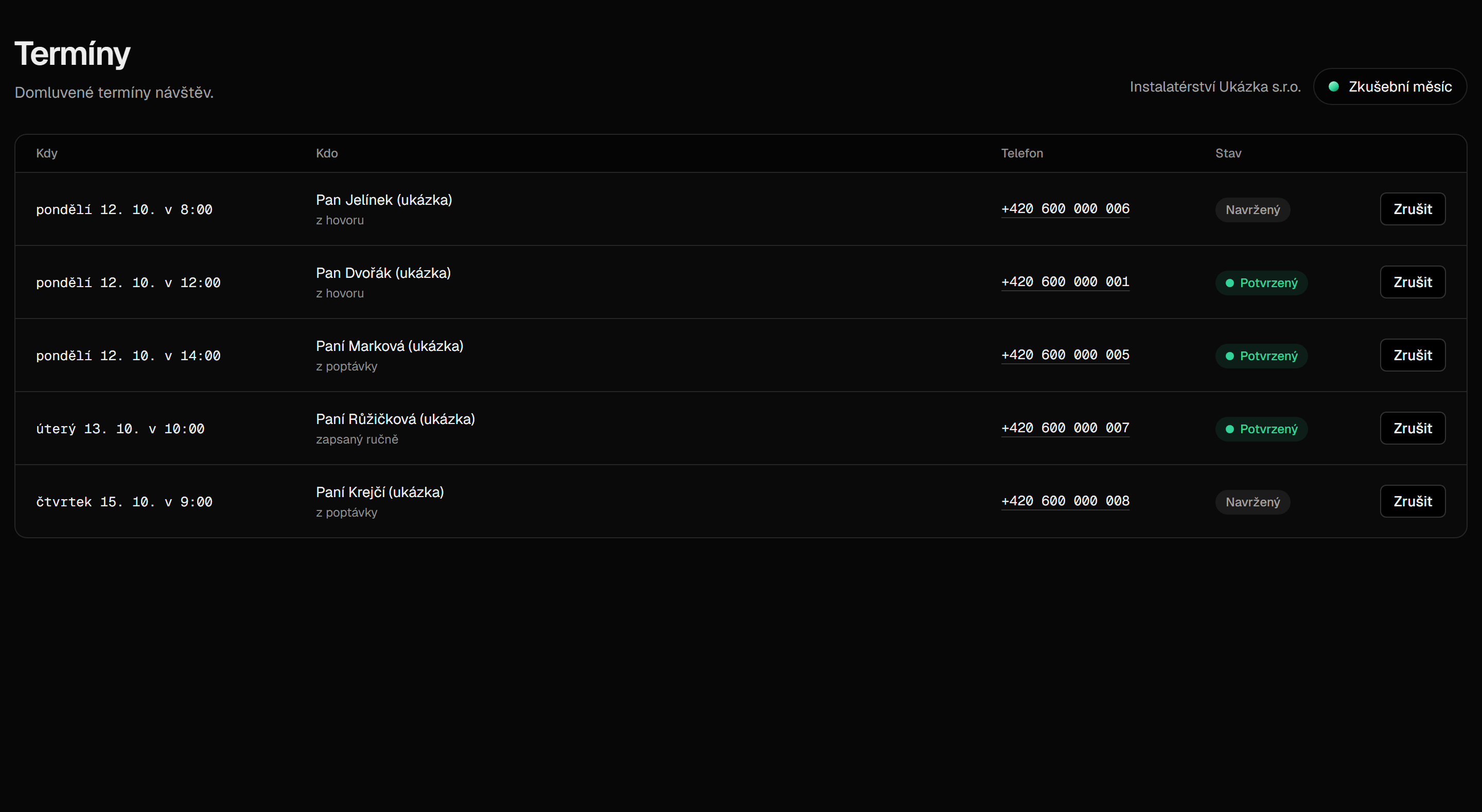 Screenshot of the app, list of agreed visit appointments.